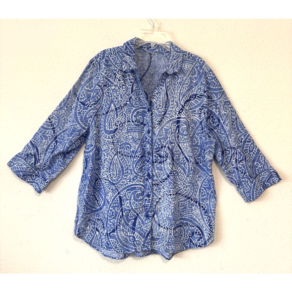Chico's 100% Linen Shirt Size XL Blue Paisley Print Button Up 3/4 Sleeve - Picture 1 of 7